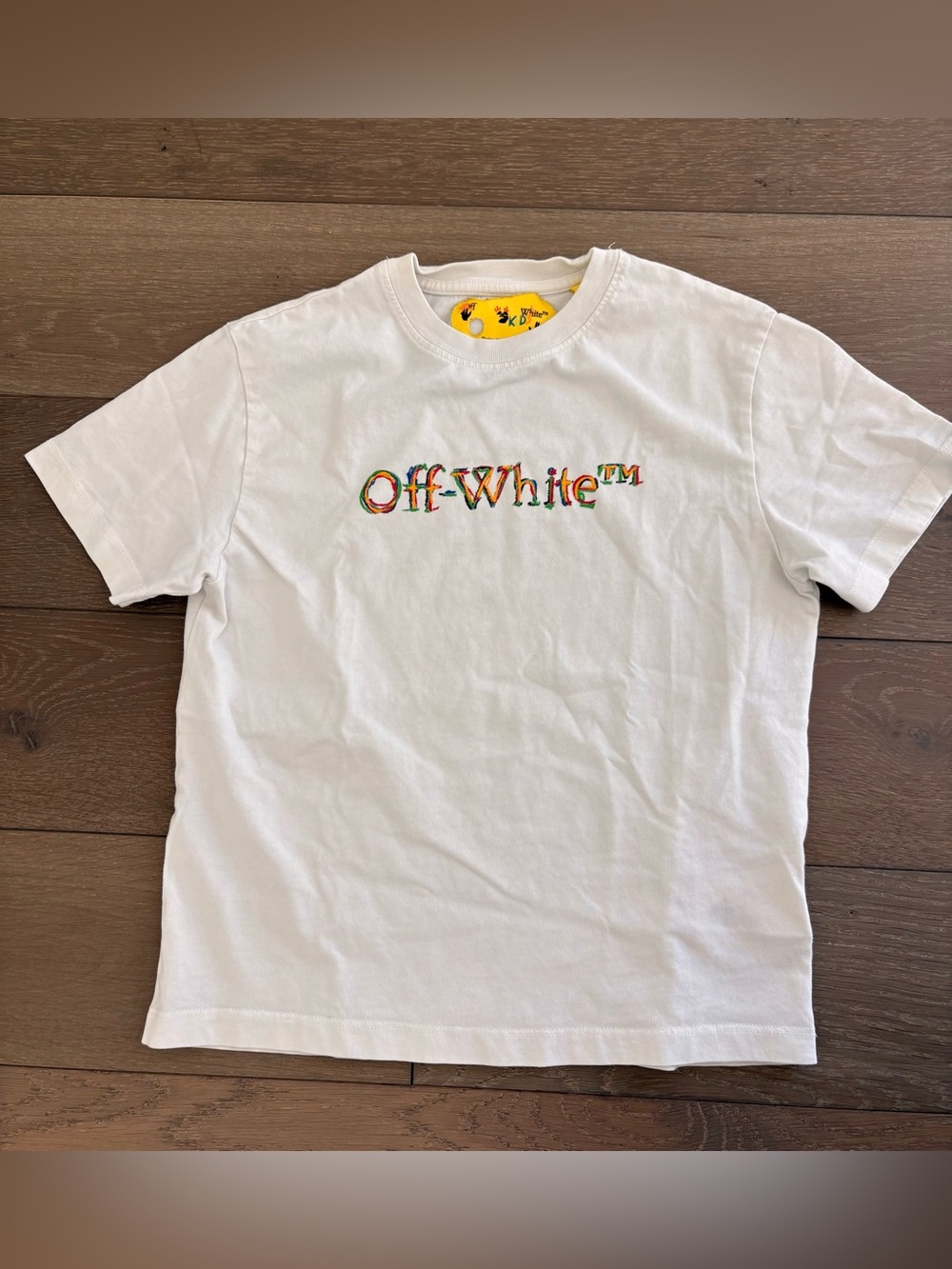 Off-White Kid’s White Crewneck Tee with Multicolor Logo